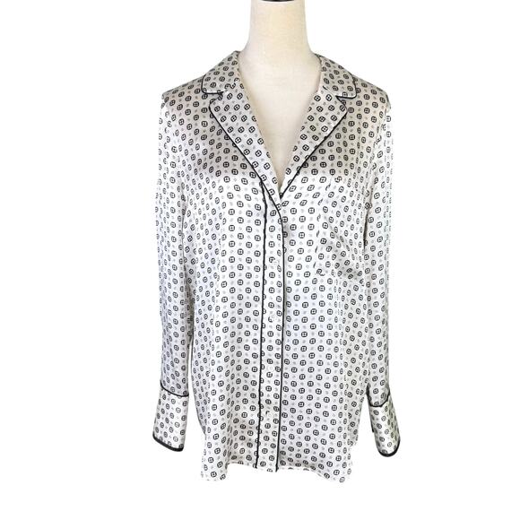 Frame White & Black Print Satin 100% Silk Button Front Long Sleeve Pajama Shirt - Picture 3 of 15